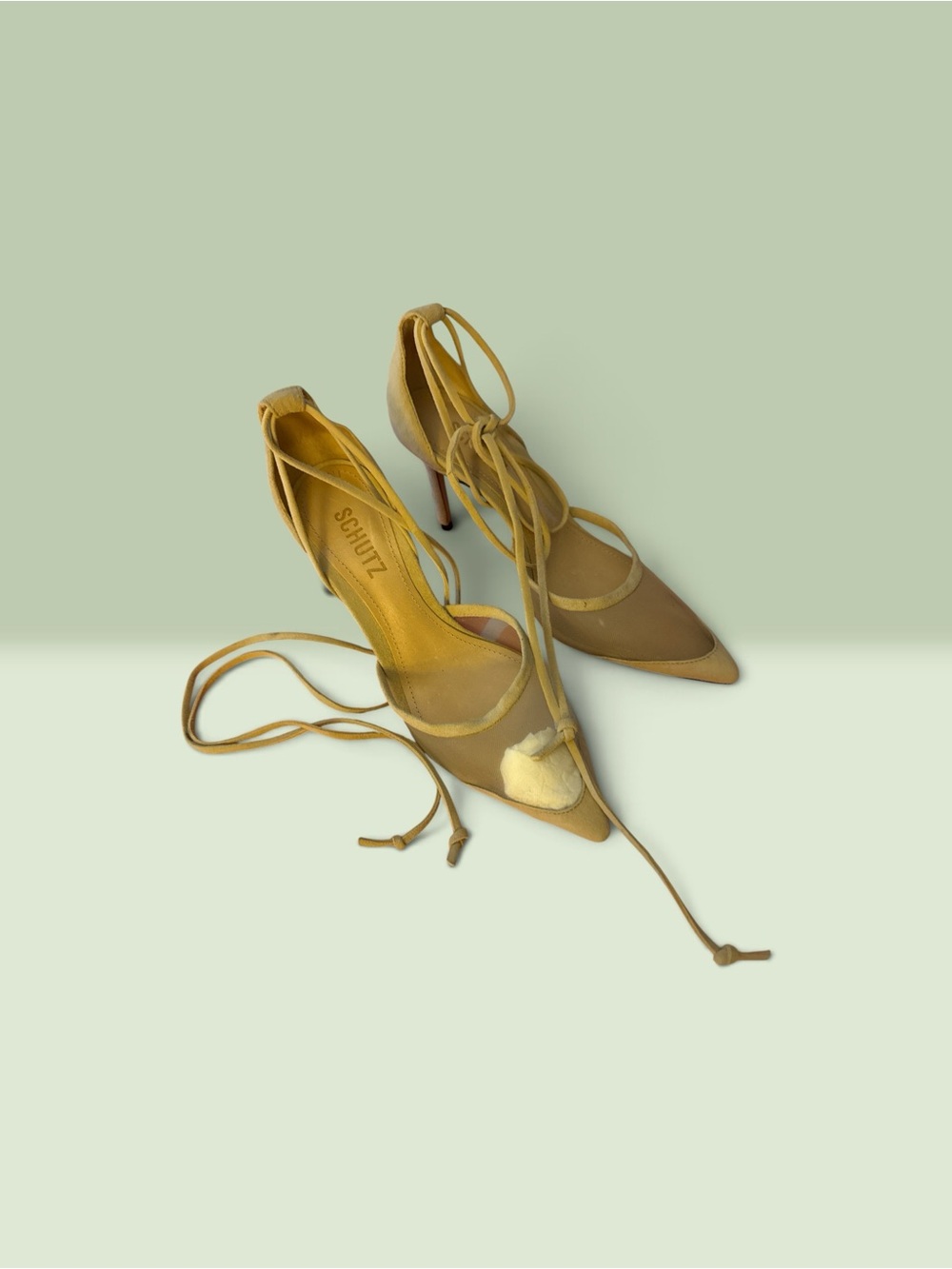 SCHUTZ Mustard-Tan Pointed Lace-Up Stiletto Heels